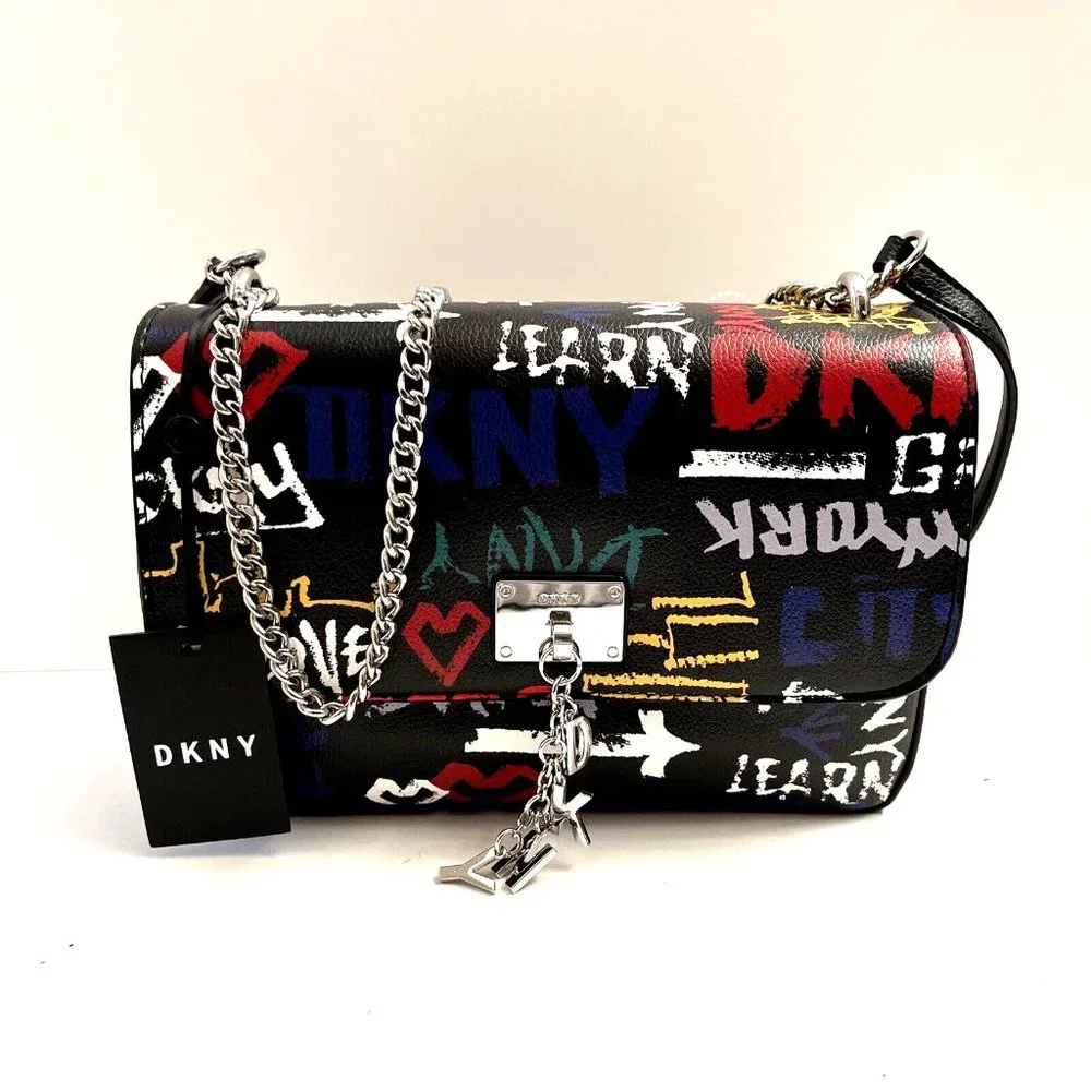 DKNY Cleo Medium Graffiti Crossbody Shoulder Bag Black Multi Logo Chain NWT $230